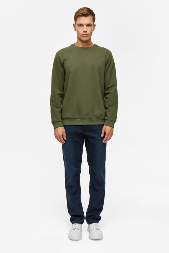 Haki Regular Düz Bisiklet Yaka Sweatshirt