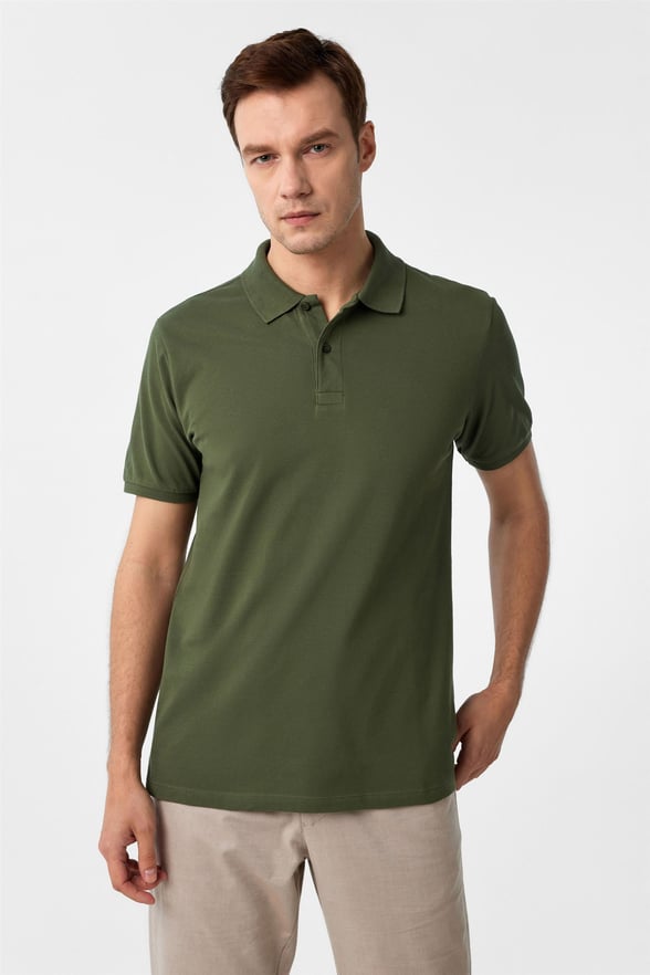 Haki Slim Armürlü Polo Yaka Tişört