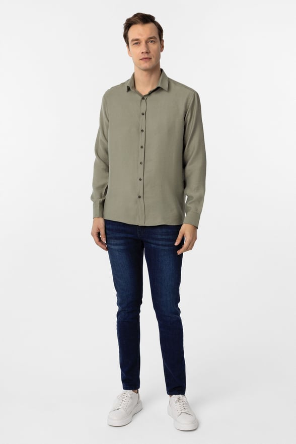 Haki Slim Fit Düz Klasik Yaka Gömlek