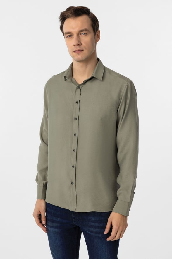 Haki Slim Fit Düz Klasik Yaka Gömlek