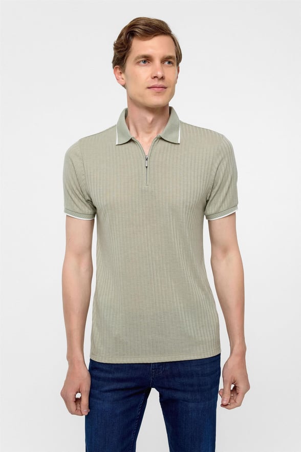 Haki Slim Fitilli Polo Yaka Tişört