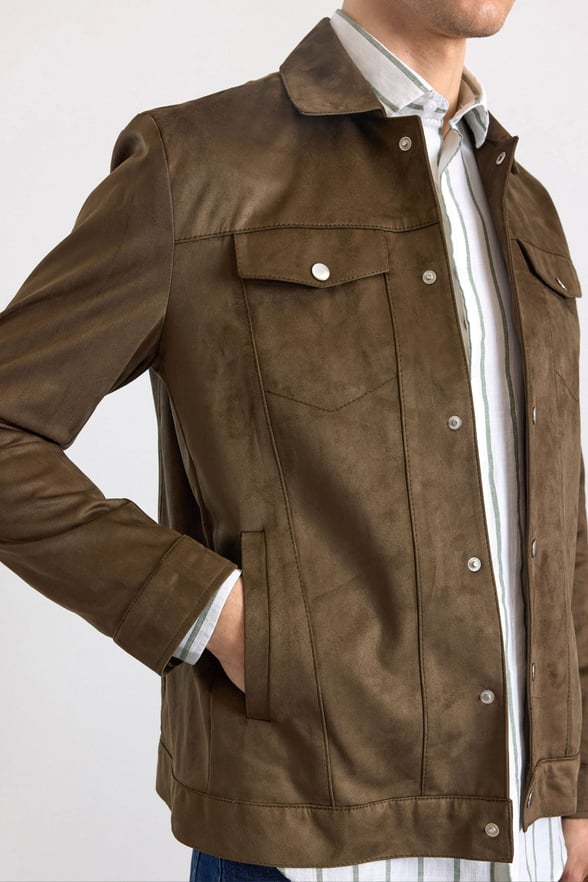 Haki Slim Klasik Yaka Düz Kapaklı Cep Süet Mont