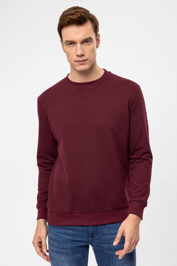 Koyu Bordo Regular Armürlü O Yaka  Sweatshirt