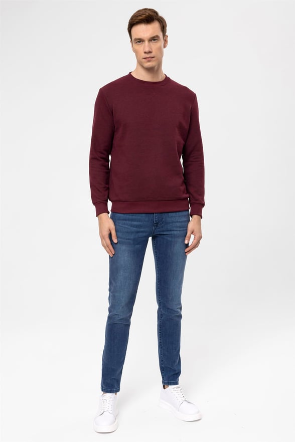 Koyu Bordo Regular Armürlü O Yaka  Sweatshirt