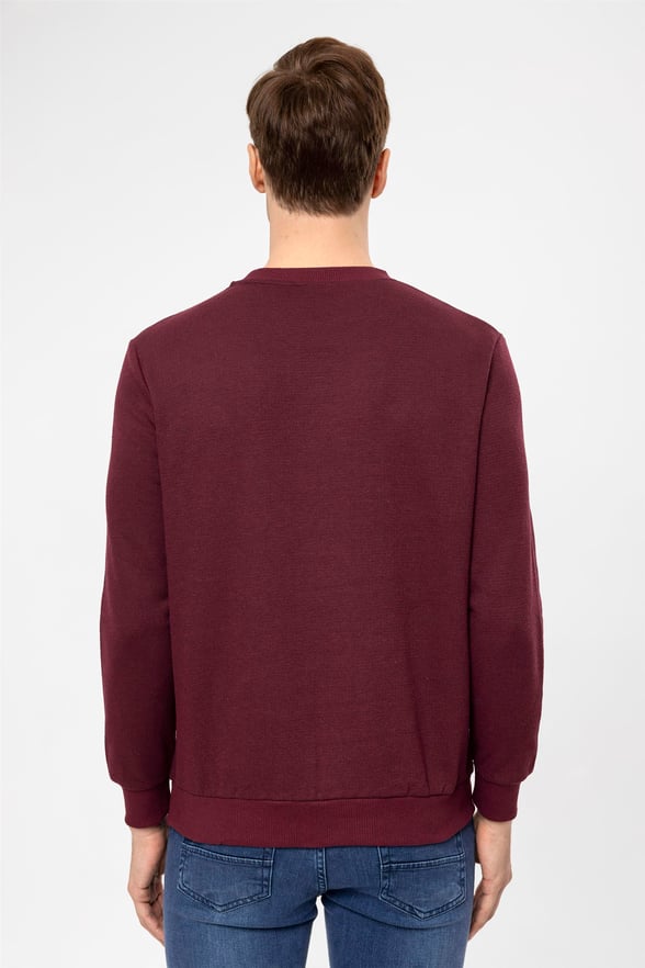 Koyu Bordo Regular Armürlü O Yaka  Sweatshirt