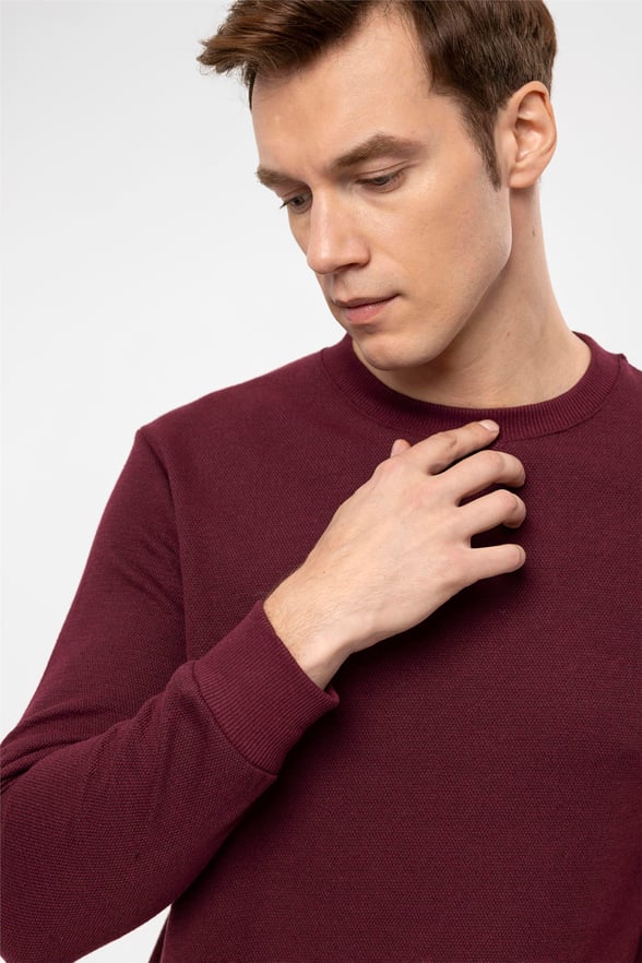 Koyu Bordo Regular Armürlü O Yaka  Sweatshirt
