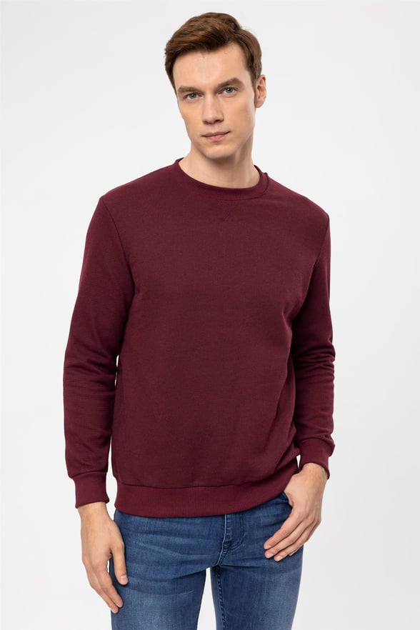 Koyu Bordo Regular Armürlü O Yaka  Sweatshirt