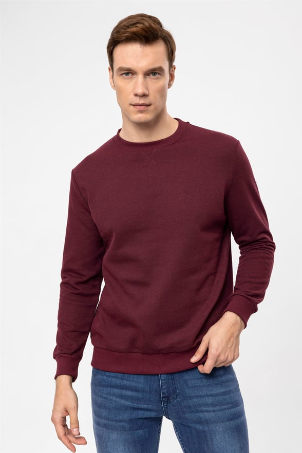Koyu Bordo Regular Armürlü O Yaka  Sweatshirt