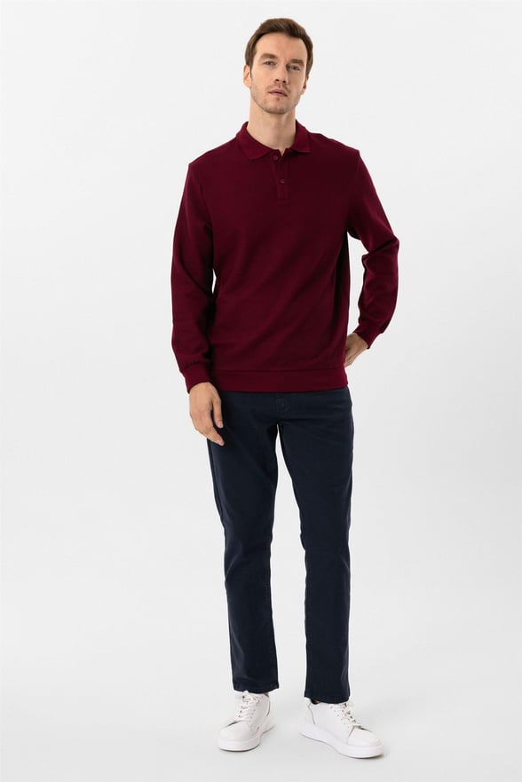 Koyu Bordo Regular Armürlü Polo Yaka Sweatshirt