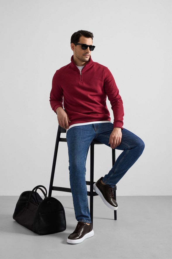 Koyu Bordo Regular Düz Yarım Balıkçı Yaka Sweatshirt