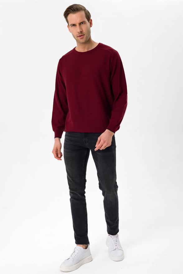 Koyu Bordo Slim Armürlü O Yaka  Triko