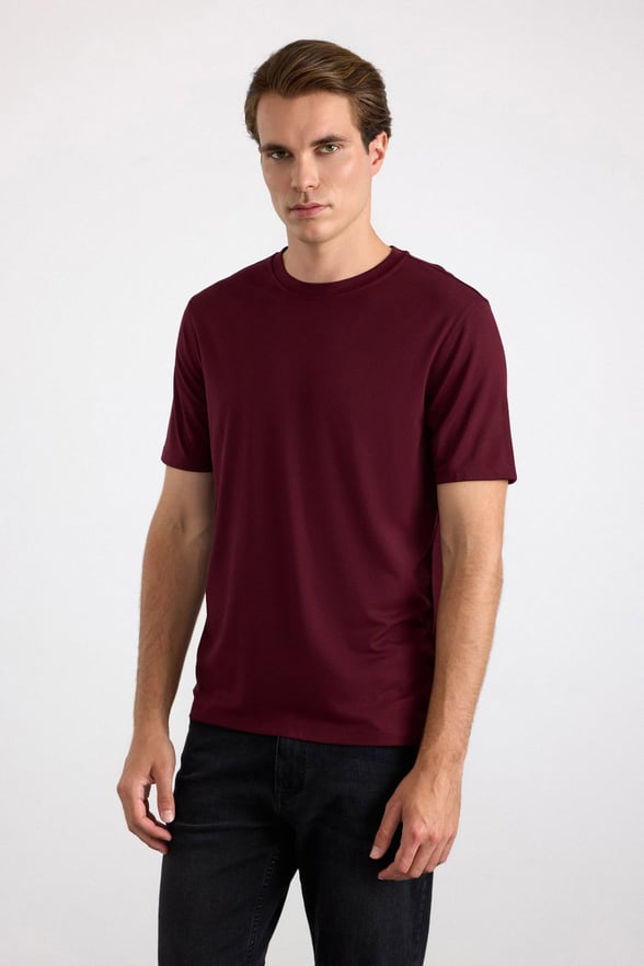 Koyu Bordo Slim Düz Baskısız Düz Bisiklet Yaka Standart Tişört