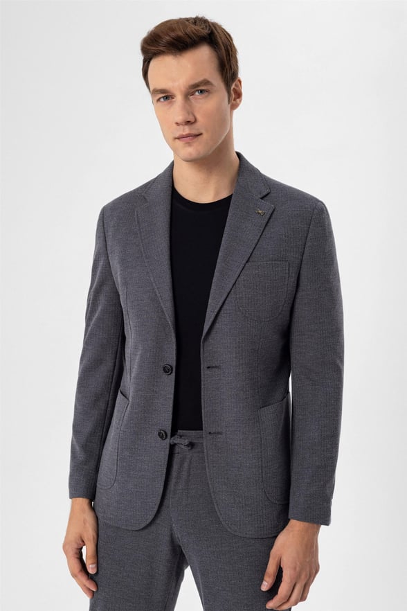 Koyu Gri Slim Armürlü Mono Yaka 6 Drop                                                       Takım Elbise