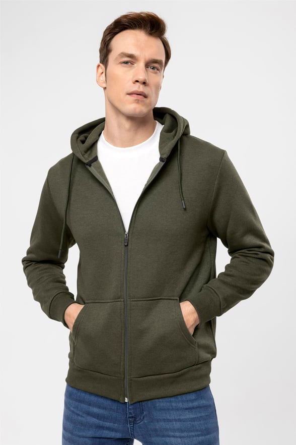 Koyu Haki Regular Düz Kapişonlu Yaka  Sweatshirt