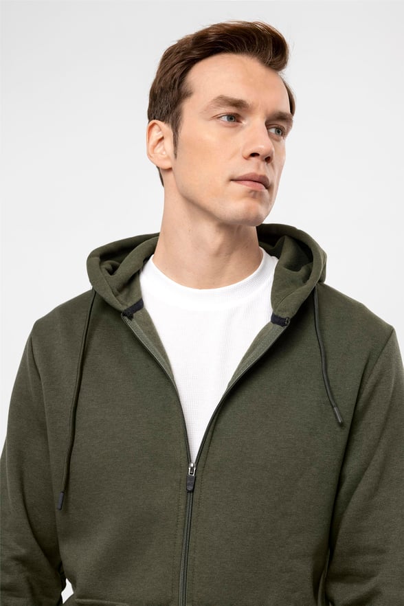 Koyu Haki Regular Düz Kapişonlu Yaka  Sweatshirt