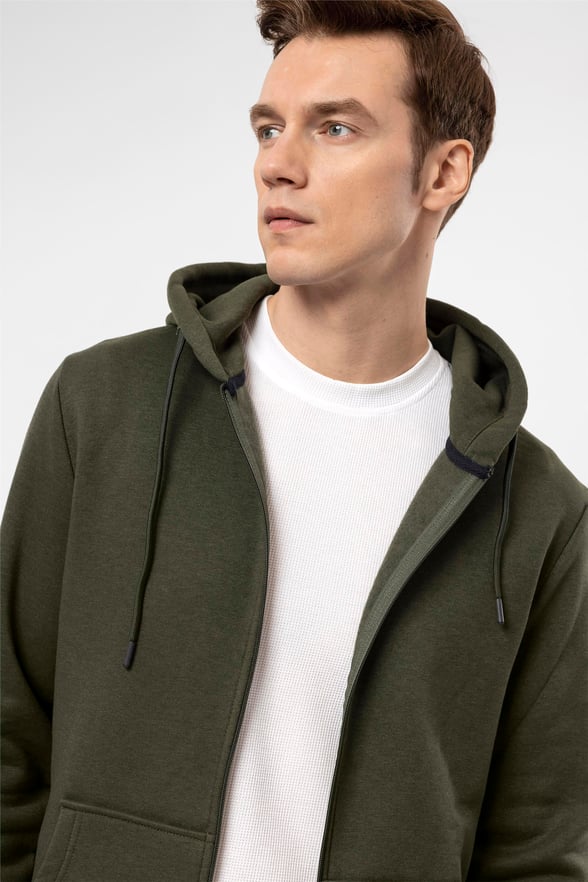 Koyu Haki Regular Düz Kapişonlu Yaka  Sweatshirt