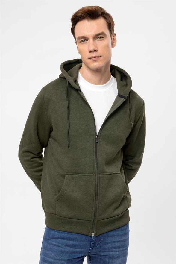 Koyu Haki Regular Düz Kapişonlu Yaka  Sweatshirt