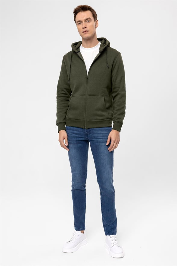 Koyu Haki Regular Düz Kapişonlu Yaka  Sweatshirt