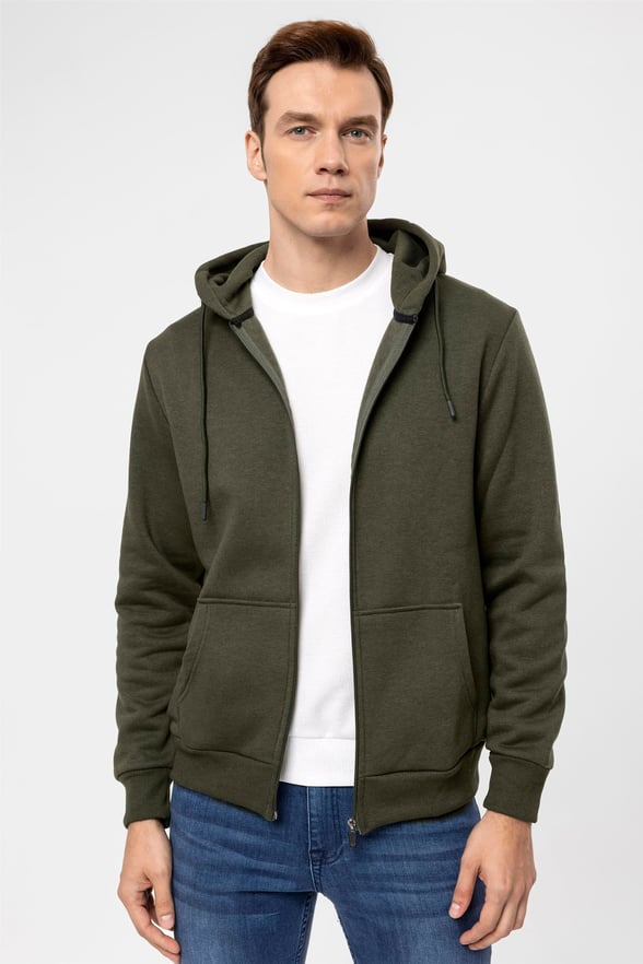 Koyu Haki Regular Düz Kapişonlu Yaka  Sweatshirt