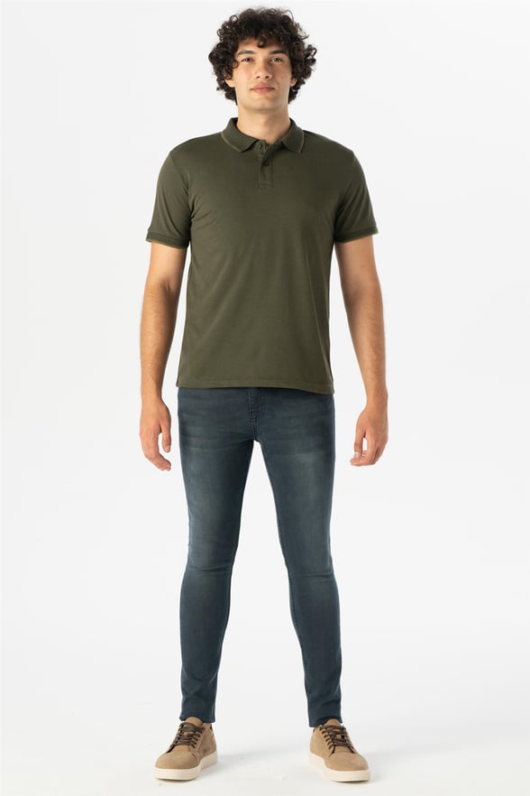 Koyu Haki Slim Armürlü Polo Yaka  Tişört