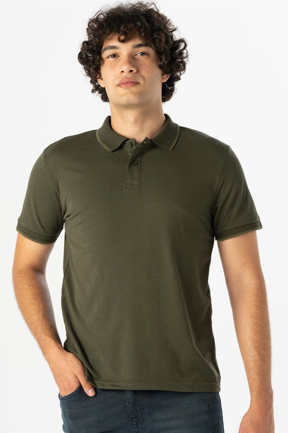 Koyu Haki Slim Armürlü Polo Yaka  Tişört