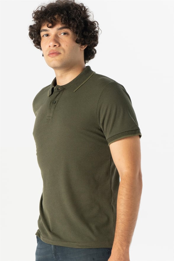 Koyu Haki Slim Armürlü Polo Yaka  Tişört