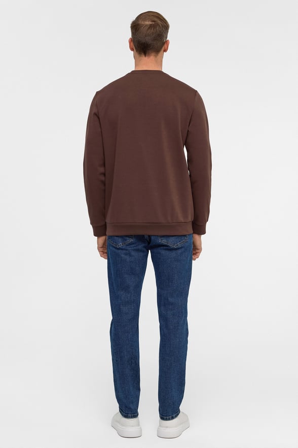 Koyu Kahve Regular Düz Bisiklet Yaka Sweatshirt