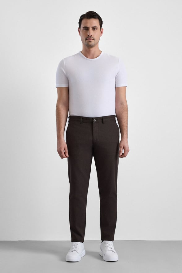 Koyu Kahve Slim Armürlü Kanvas Casual Pantolon