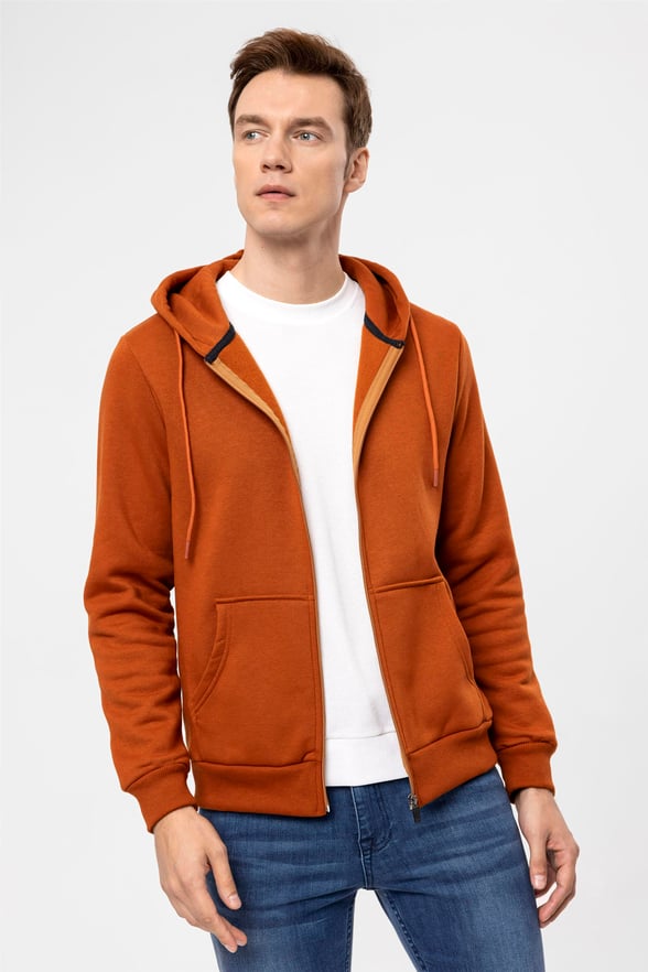 Koyu Kiremit Regular Düz Kapişonlu Yaka  Sweatshirt