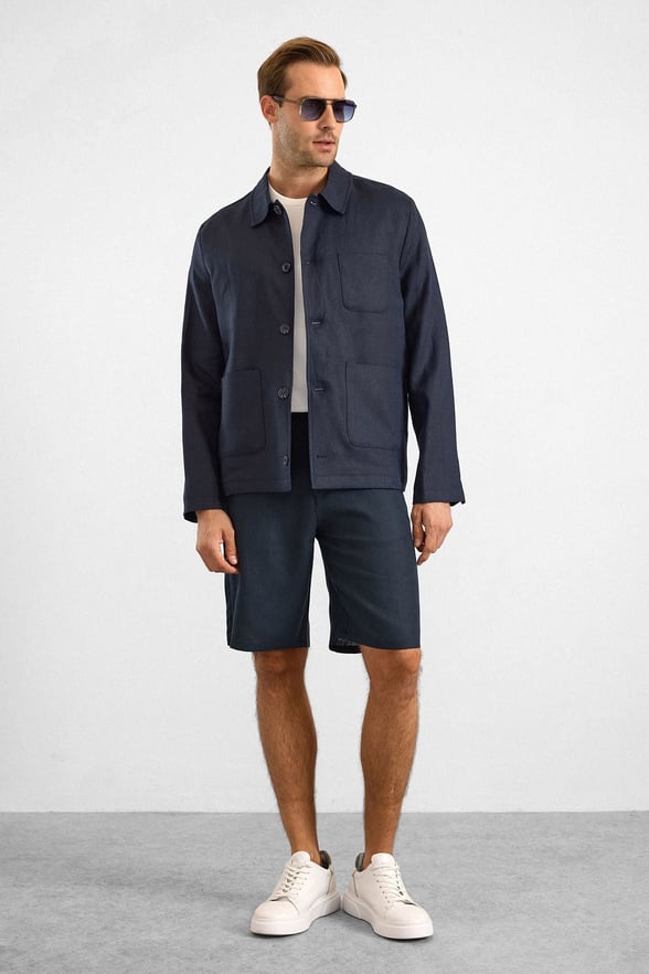 Lacivert Regular Bebe Yaka Düz Poplin Torba Cep 4 Drop Spor Ceket