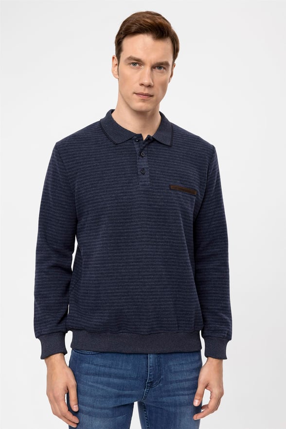 Lacivert Regular Çizgili Polo Yaka  Triko