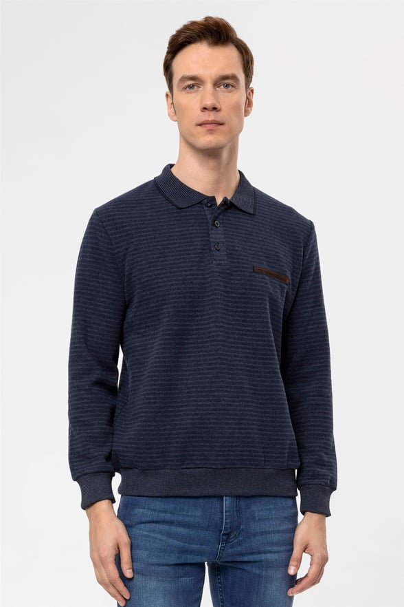 Lacivert Regular Çizgili Polo Yaka  Triko