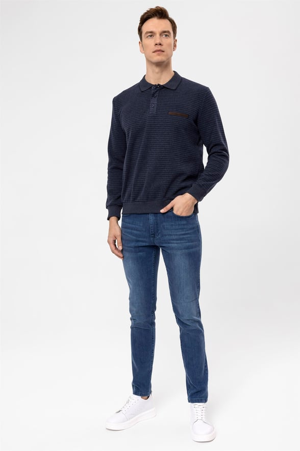 Lacivert Regular Çizgili Polo Yaka  Triko