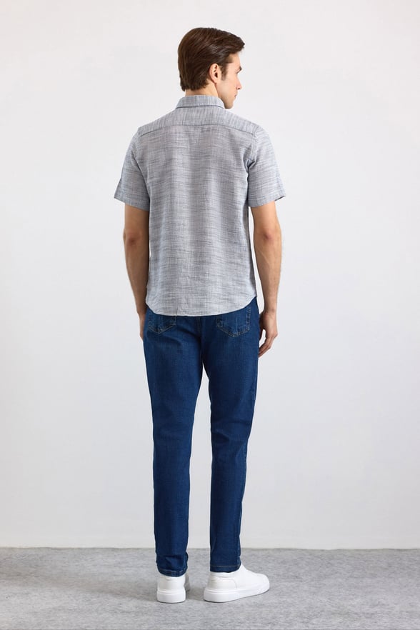 Lacivert Regular Düğmeli Yaka Düz Kapaksız Cep Düğmeli Kısa Kollu Standart Casual Gömlek