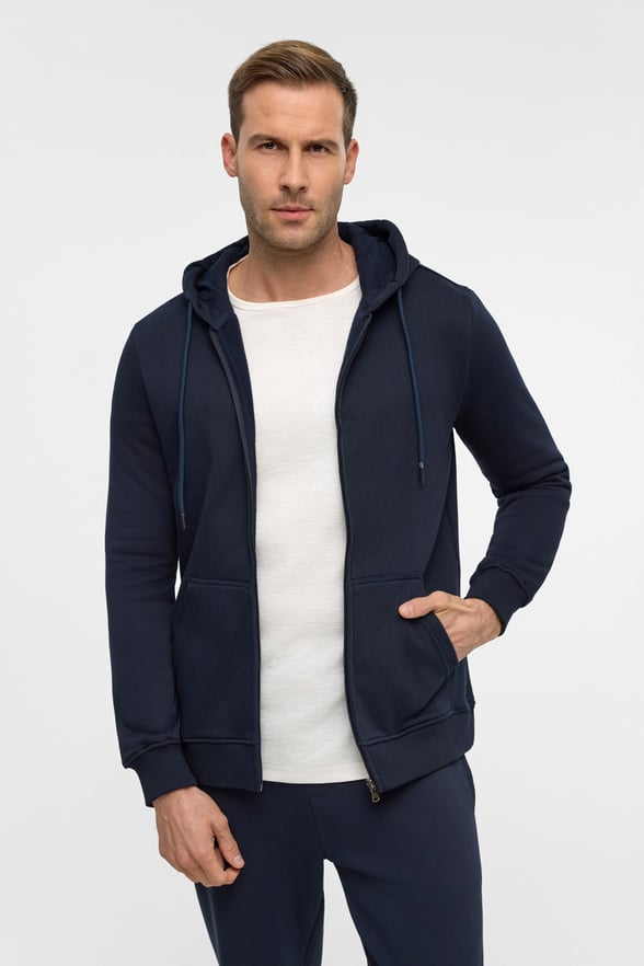 Lacivert Regular Düz Bisiklet Yaka Fermuarlı Sweatshirt