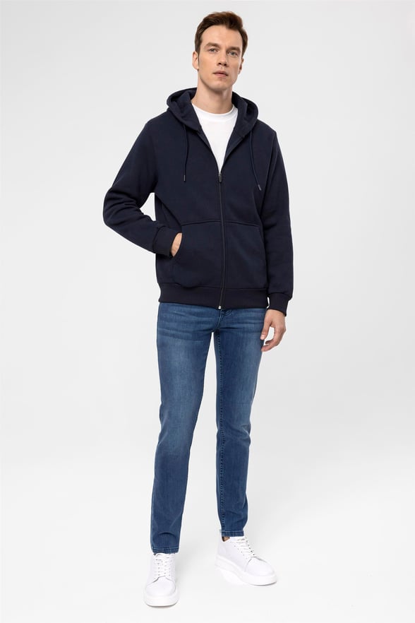 Lacivert Regular Düz Kapişonlu Yaka  Sweatshirt
