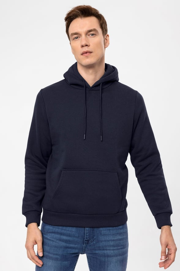Lacivert Regular Düz Kapüşonlu Yaka Sweatshirt