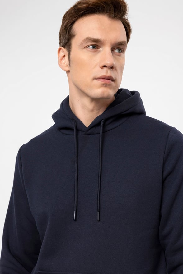 Lacivert Regular Düz Kapüşonlu Yaka Sweatshirt