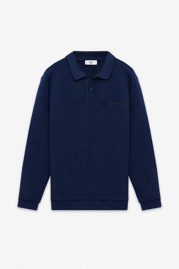 Lacivert Regular Düz Polo Yaka Sweatshirt