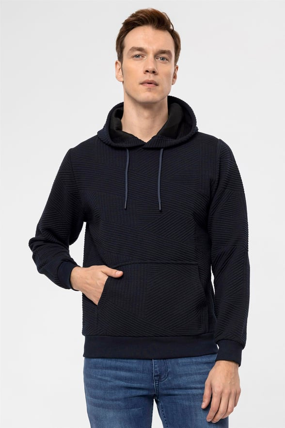 Lacivert Regular Kapitone Kapişonlu Yaka  Sweatshirt