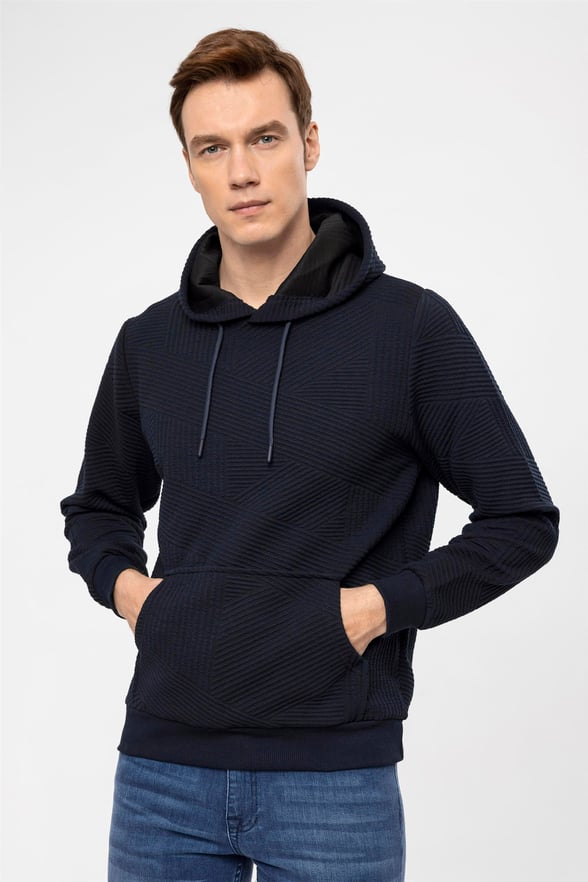 Lacivert Regular Kapitone Kapişonlu Yaka  Sweatshirt