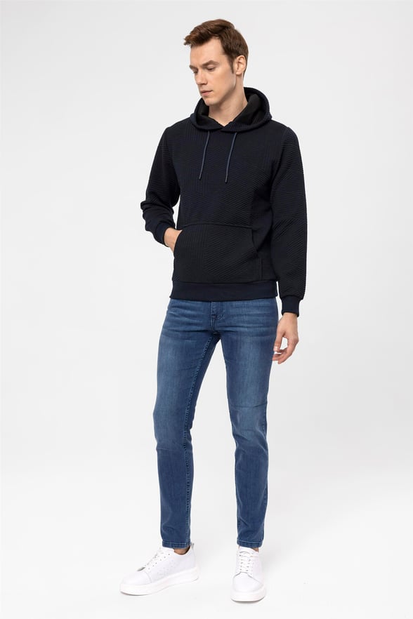 Lacivert Regular Kapitone Kapişonlu Yaka  Sweatshirt