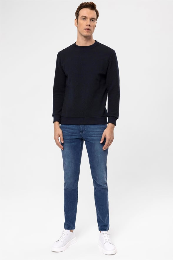 Lacivert Regular Kapitone O Yaka  Sweatshirt