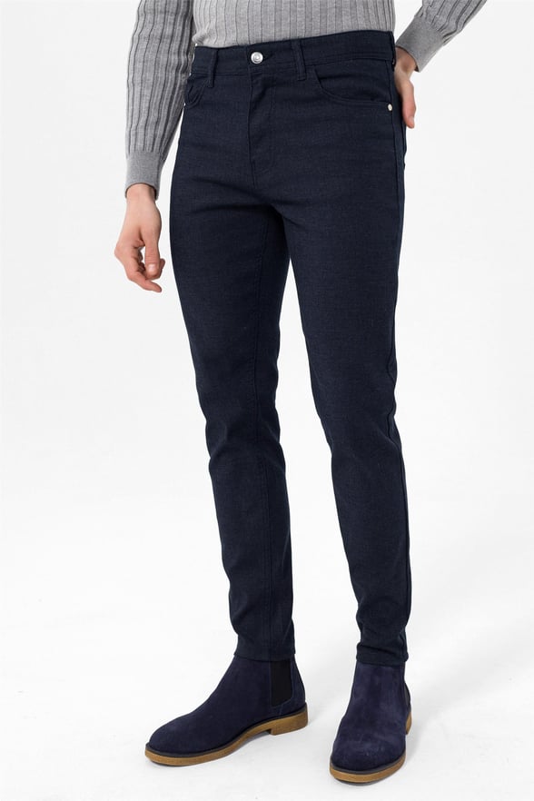 Lacivert Slim 5 Cep Kalıp Armürlü   Pantolon