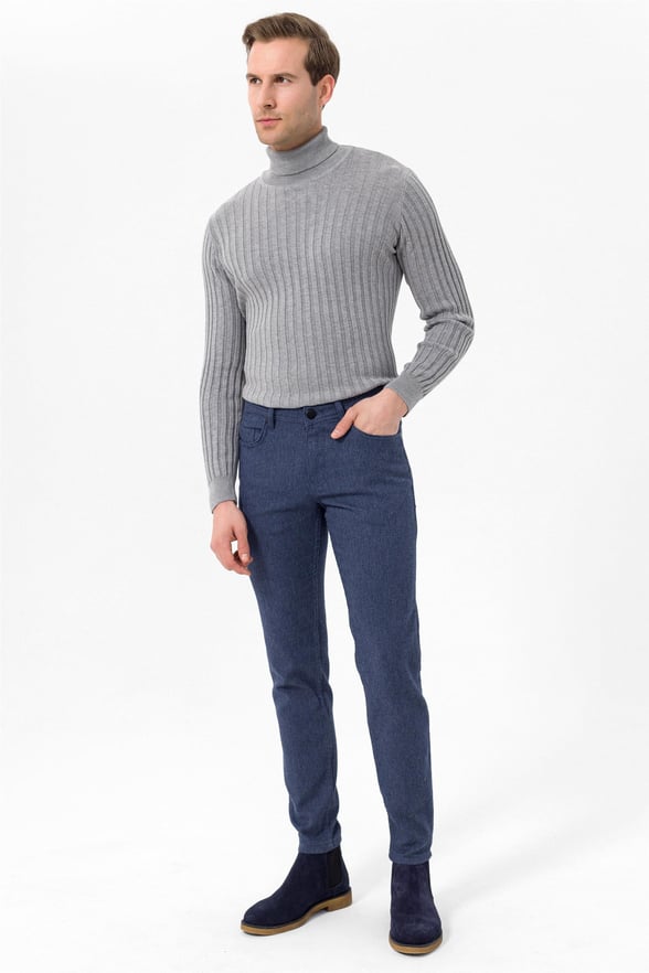 Lacivert Slim 5 Cep Kalıp Armürlü   Pantolon