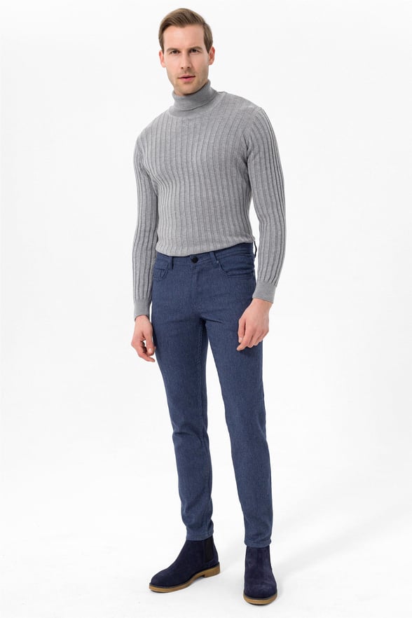 Lacivert Slim 5 Cep Kalıp Armürlü   Pantolon