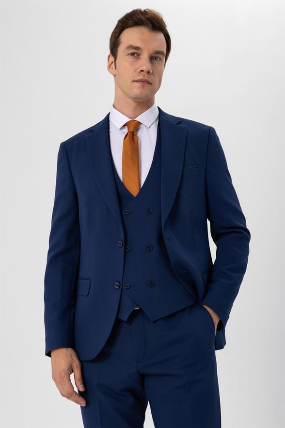 Lacivert Slim Armürlü Mono Yaka 6 Drop                                                       Yelekli Takım Elbise