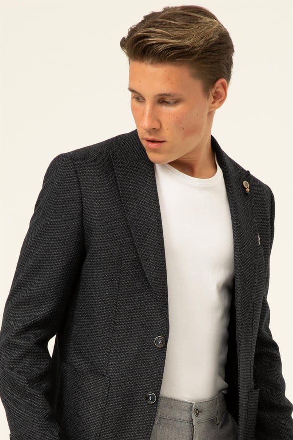 Lacivert Slim Armürlü Mono Yaka 6 Drop                                                       Ceket