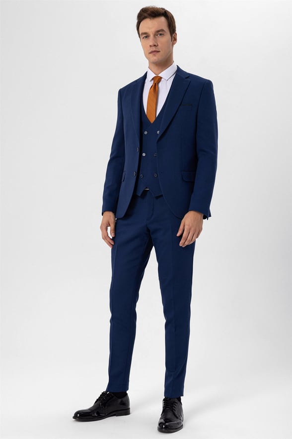 Lacivert Slim Armürlü Mono Yaka 6 Drop                                                       Yelekli Takım Elbise