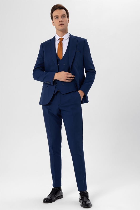 Lacivert Slim Armürlü Mono Yaka 6 Drop                                                       Yelekli Takım Elbise